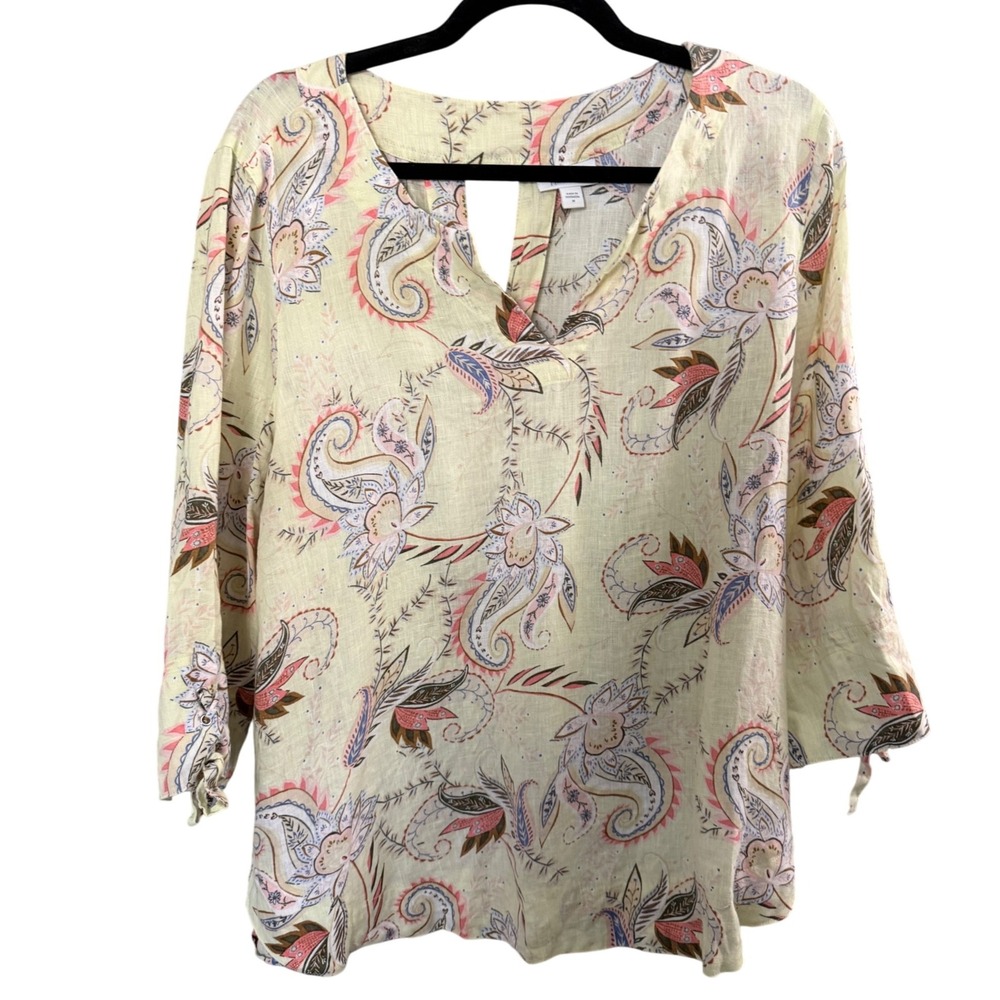 J.Jill Love Linen Blouse Women Medium Yellow Floral Paisley Boho Relaxed Coastal
